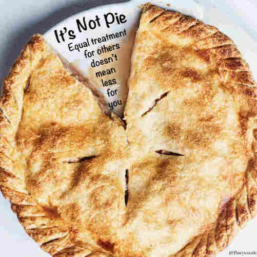 An apple pie with one piece missing. In the space of the missing piece are these words. It’s Not Pie in large font then - Egual treatment for others doesn’t mean less for you The image is signed @Pineywoozle 