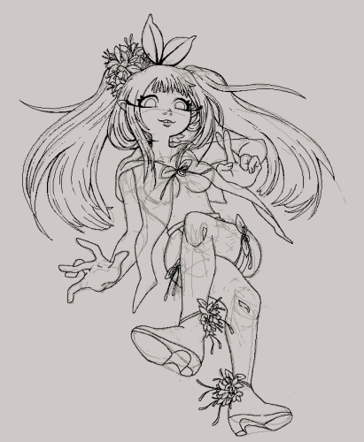 digital wip drawing of a fairy-like character with twin tails and a flower motif. the lines are rendered with a single pixel width brush