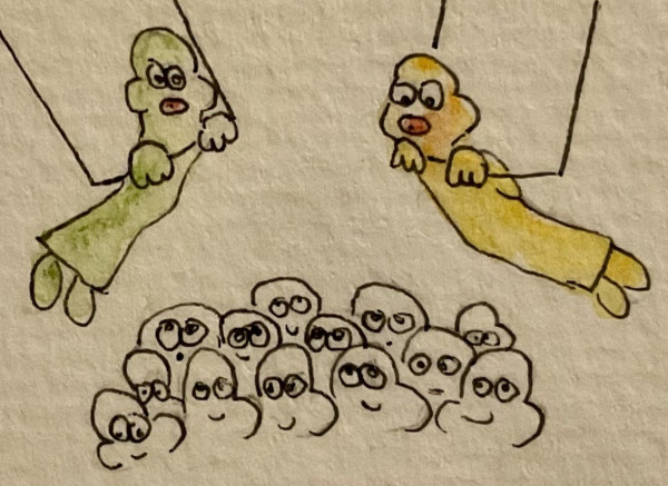 A cartoon of two people with red lips flying towards each other while each is holding on to a stick that seems to be fixed on two ropes. One person is green and one yellow and they are facing each other above a crowd of smaller persons that look up to them with various expressions. 