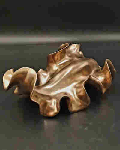 Ceramic sculpture of nudibranch in bronze colored glaze with black background.