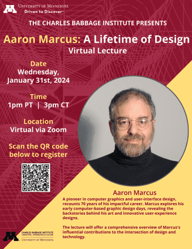 event flyer w/ photo of Aaron Marcus, maroon & gold, photo circle in middle with gray background. 