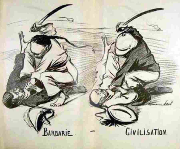 Barbarie ... 
Drawing of Chinese man with shaved head at the front and long braid holding a British soldier to the ground with one hand and raises a sword in the other in order to hit the Brit.
Civilisation 
Exact same position, but now the Brit is on top, and the Chnese on the ground is being attacked.