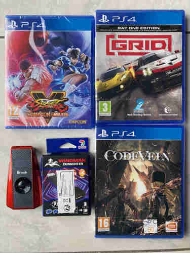 Street Fighter 5 Champion Edition, Grid and Code Vein on Playstation 4.
As well as a Brook Wingman converter to use all kinds of controllers on PS3 and 4