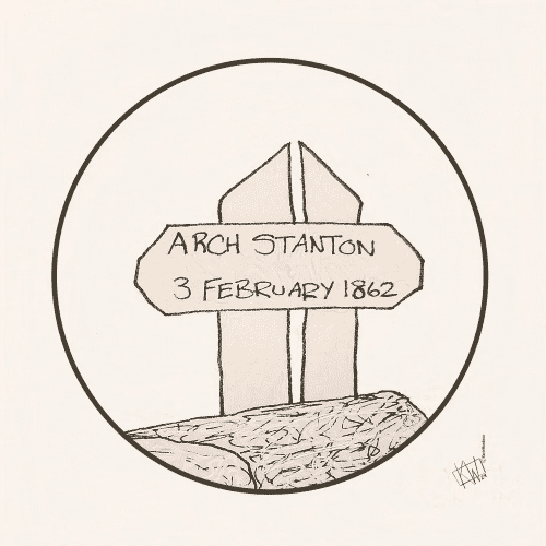 Line art of a grave with a wooden marker reading "Arch Stanton, 3 February 1862".