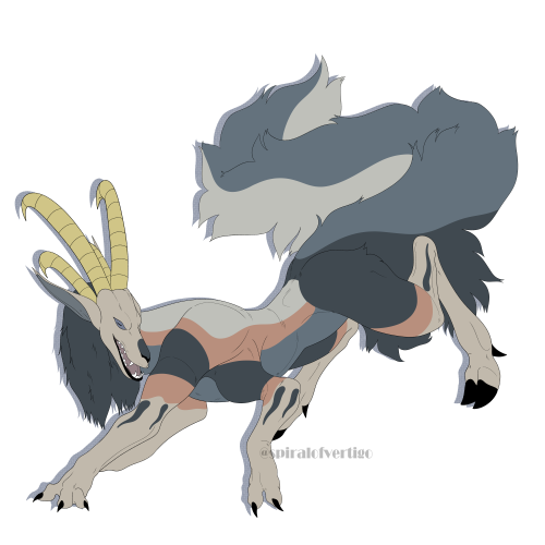 A Goat Hound; a species that has attributes from both goats and canids with strange sometimes near humanoid like anatomy as well.

This one is stalking with his mouth open in a big grin.