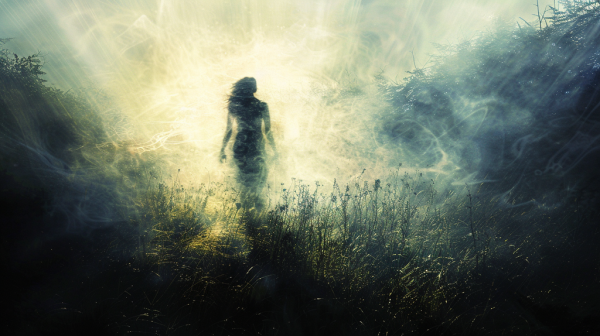A silhouette of a woman standing in a glowing misty field, surrounded by trees, with ethereal light streaming down.