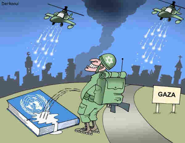 cartoon showing an IDF soldier pissing on UN while helicopters dropping bombs on Gaza (old cartoon from previous attacks against Gaza)
