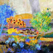 Bright colorful rather abstract painting of a landscape with foliage in the colours blue, light brown and green the foreground, and a brigh blue tree on the left and a brigh green and yellow coloured tree on the right. In the background is a little village with many light brown houses with dark brown roofs. Left next to the village are yellow and orange coloured trees standing in bright yellow foliage. On the horizon is the shape of an orange hill with a lot of purple on it. The sky is coloured in shades of light brown, off white and light grey. 