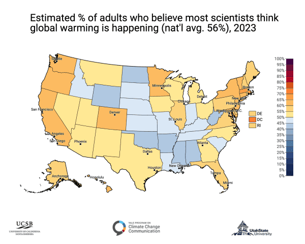 Map: Estimated % of adults who believe most scientists think global warming is happening (nat'l avg. 56%), 2023

States with less than 50% are shaded in gray