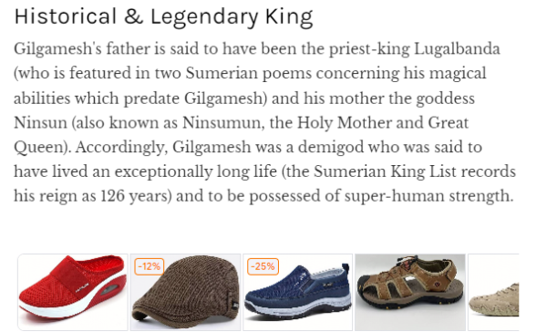Ad for sneakers under text from a web page entry on Gilgamesh