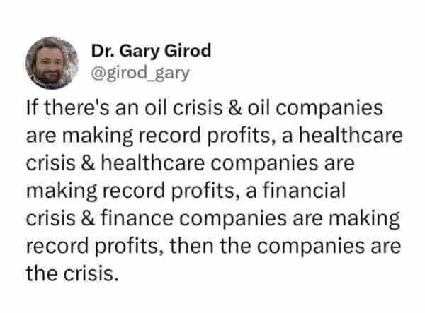 Tweet says: "If there's an oil crisis and oil companies are making record profits, a healthcare crisis and healthcare companies are making record profits, a financial crisis and finance companies are making record profits -- then the companies are the crisis."