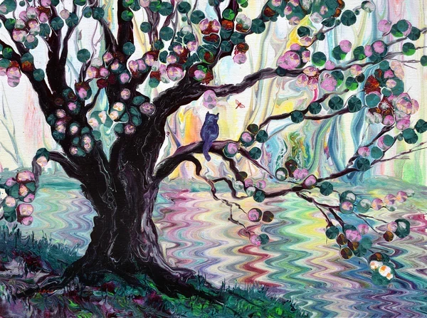 Creative colourful  painting of a large dark brown tree, with creative pink flowers and green leaves, and a little black cat sitting on a branch looking out over a river that is coloured in various shades of mainly green, but also pink, red and purple. 