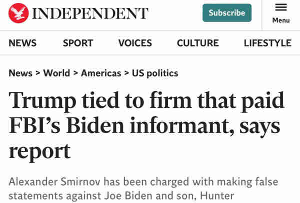 Headline Trump tied to firm that paid FBI’s Biden informant, says report

Alexander Smirnov has been charged with making false statements against Joe Biden and son, Hunter

This is far beyond ridiculous. This is IN ADDITION to Trump’s ties to Russian intelligence 