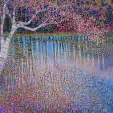 Creative colourful rather pointilistic painting of a blue river, with the colourful refelctions of it's surrounding painted as little colourful dots in it. On the left is a tree with a rather thin trunk that is coloured in light shades of purple, pink and grey. It's leaves are painted in pink and brownish yellow dots. Through the tree brancjes you see the shapes of more dark green and dark blue nature. 