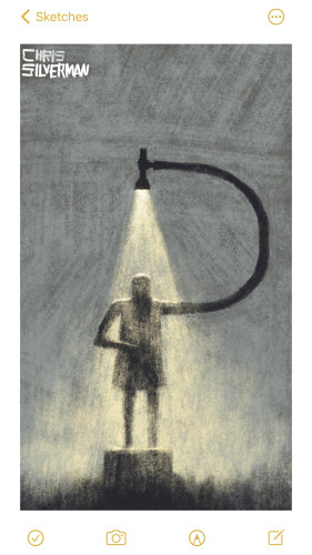 A gray, cloudy night. A figure stands on a small soapbox in the middle of nowhere, the pose suggesting that they are giving a speech. Their left arm is extremely long and curved and they are holding a flashlight above their head, shining a dull gold beam down as though it's a spotlight. The beam of the light tapers off into haziness, suggesting fog.