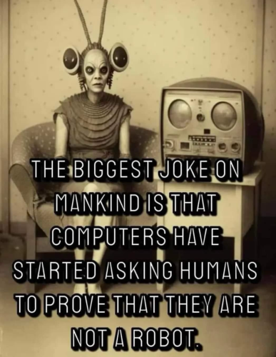 68007 THE BIGGEST JOKE ON MANKINDIS THAT COMPUTERS HAVE STARTED ASKING HUMANS TO PROVE THAT THEY ARE NOT A ROBOT.