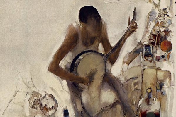 1963 

A black and white artwork capturing the essence of a man engrossed in playing the banjo.
The artist has skillfully used shades of gray to create a dynamic scene, with the focus being on the musician and his instrument.
This piece is reminiscent of mid-20th century American folk art.