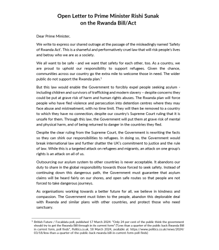 Open letter to Prime Minister Risihi Sunak on the Rwanda Bill/Act