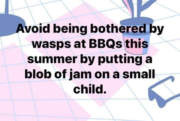 Stylized graphic of a tiled floor with a plant and sunglasses, with bold text that says "Avoid being bothered by wasps this summer by putting a blob of jam in a small child."