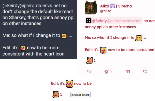 3 screenshots: one from mastodon, one from sharkey, and the third also from sharkey doing a mouse over an emoji, to show how much bigger emojis can look out of the box

a different color theme and font type can be seen too, for comparison purposes

(sorry Aliza for using you for this example!)