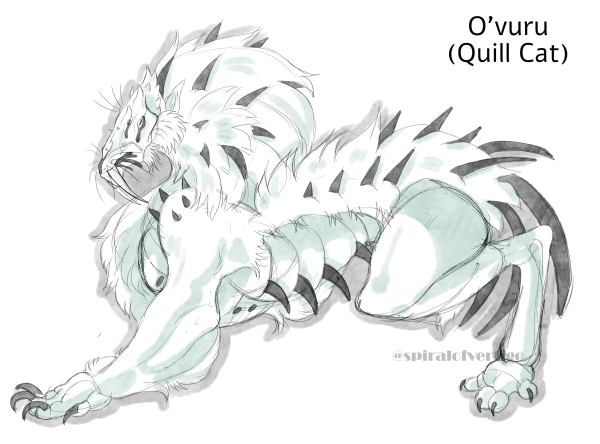 A lightly shaded sketch of an alien species called the O'vuru (Nicknamed Quill Cat).

They have vaguely feline like features in their face and large saber teeth with black quills in their fur.