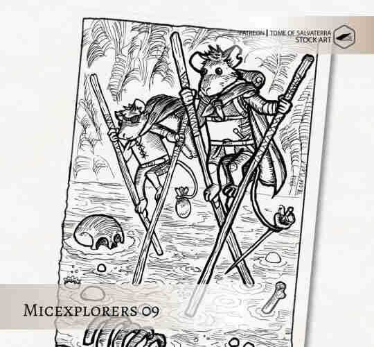 drawing of two mice adventurers using stilts to traverse an acid swamp.