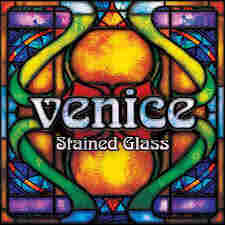 Cover of the new album "Stained Glass" by the band Venice from California, US. It's stained glass is all sorts of colours, with the band name and album name written in white on it. 