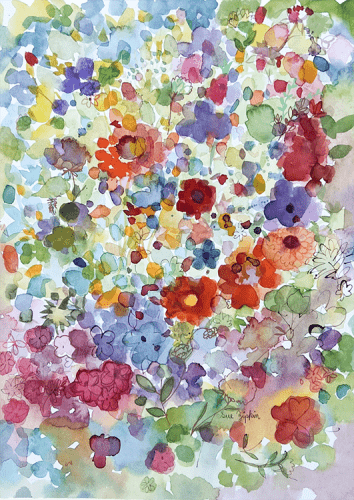 This is rectangle shape with watercolor artwork. There's a lot of petals and details however, it's abstract. There are red flowers, green, splashes, yellow all the colors of the rainbow are here. The flowers are small scale. 
