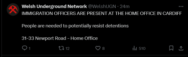 Welsh Underground Network

IMMIGRATION OFFICERS ARE PRESENT AT THE HOME OFFICE IN CARDIFF

People are needed to potentially resist detentions

31-22 Newport Road - Home Office