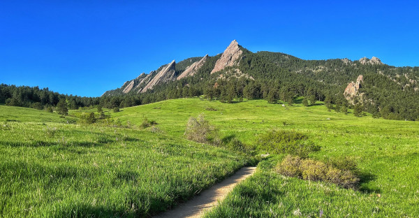 Looking from a gravel trail across a rolling, green, grassy meadow toward the tilted Flatirons rock formations, surrounded by pine trees and under sunny, clear blue morning skies.