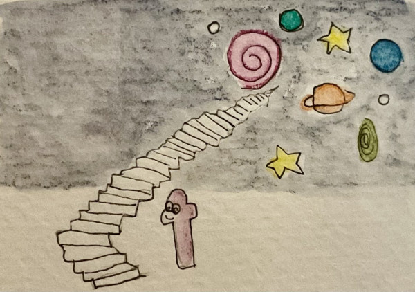 A whimsical drawing depicts a character standing at the base of a staircase that ascends into the sky. The sky is filled with stars and planets.