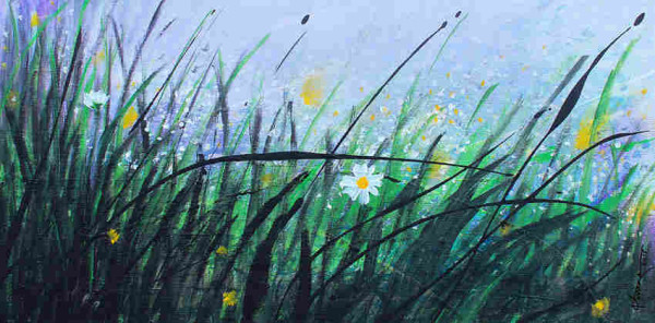 Acrylic painting of a very close view at ground level of a field in the rain. Dark green, tall grasses are bent by the rain and wind and scattered throughout are small white and yellow flowers.