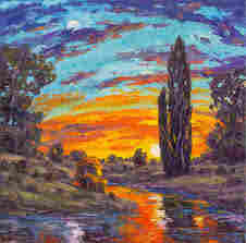 Warm coloured painting during sunset of a landscape with a blue river with the orange of the sky relected in it. The soil on both sides of the river is coloured mainly green with some touches of purple. There are some green and purple coloured trees in the landscape. The sky is coloured in bright shades of orange right above the horizon, and light blue with purple clouds above that. 
