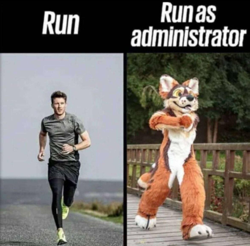 Split side by side meme.

Left side says "Run" and it shows a human in running gear running along a road near an ocean.

Right side says "Run as administrator" and shows a fursuiter running across a footbridge over a wetland.
