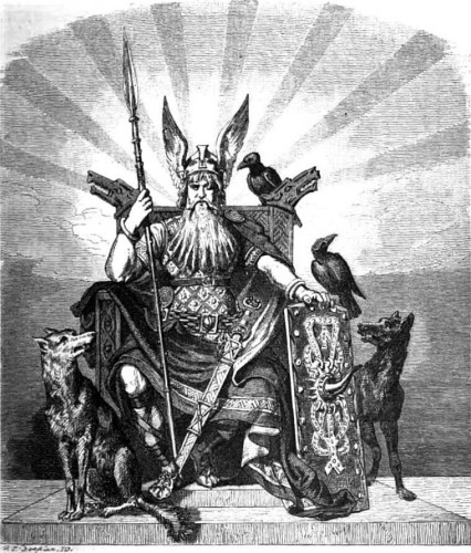 Carl Doepler's depiction of Odin on his throne, surrounded by his two wolves and two ravens, the sun behind him. Eagle and Horse are not presented