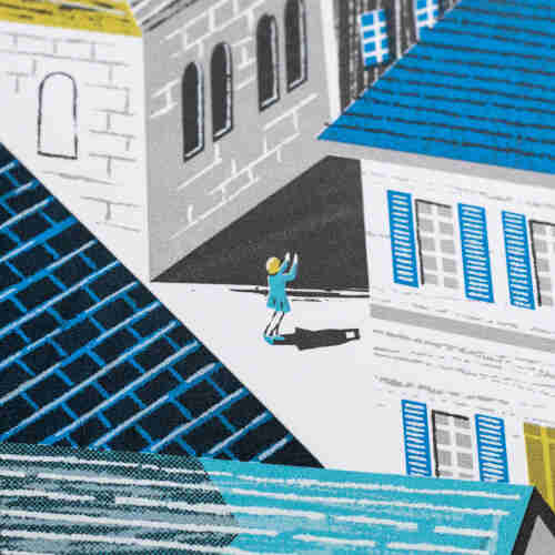 A detail of my rooftops of St. Ives print showing a female photographer taking a photo. She is standing between buildings in a square. She is wearing a turquoise dress.