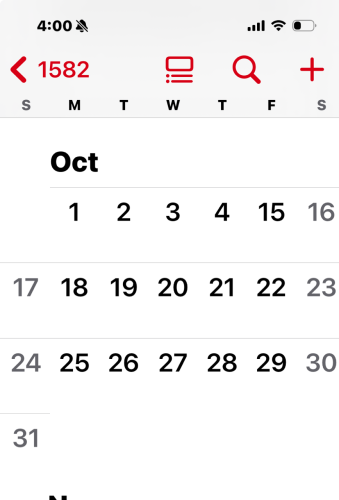 An iPhone calendar set to 1582 showing a missing week in October