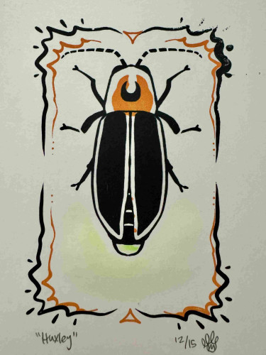 A screen printed lightning bug—its shell looks like an eye with an orange iris and it is framed by a black and orange decorative border. Its butt has a subtle green glow. The piece is depicted in regular lighting.