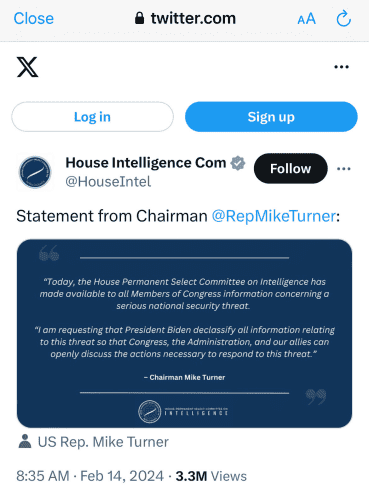 @Houselntel Statement from Chairman : “Today, the House Permanent Select Committee on Intelligence has made available to all Members of Congress information concerning a serious national security threat. “l am requesting that President Biden declassify all information relating to this threat so that Congress, the Administration, and our allies can openly discuss the actions necessary to respond to this threat.” - Chairman Mike Turner 