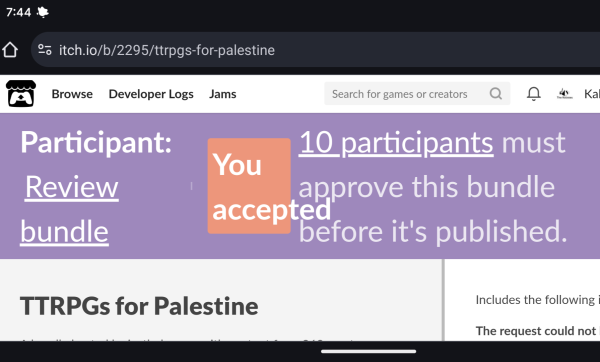 Screenshot of the TTRPGs for Palestine Bundle approval page. 