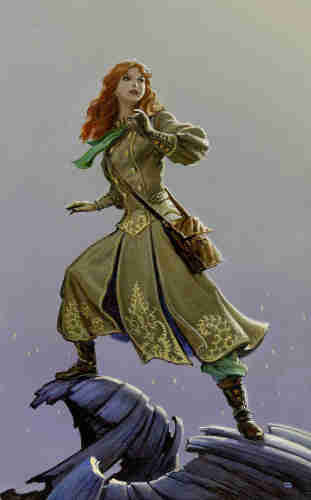 Caught in the act of turning to look behind, Shallan stands with feet wide on uneven ground. The strange rock formations of Shadesmar appear wavelike. The hem of her dress is split for riding and decorated with ornate glyphs in gold. A satchel hangs at her side by a long strap. She wears a green scarf that trails with her turning motion. Her hair is vibrant orange. In her gloved hand, she pinches a red glass bead. There are a dozen tiny flickers of flame floating in the background behind her.