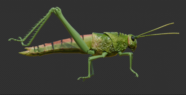 Side view of my grasshopper with its legs moved out of the way to show off the body texturing