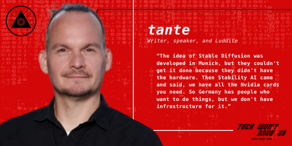 "The idea of Stable Diffusion was developed in Munich, but they couldn't get it done because they didn't have the hardware. Then Stability AI came and said, we have all the Nvidia cards you need. So Germany has people who want to do things, but we don't have infrastructure for it."