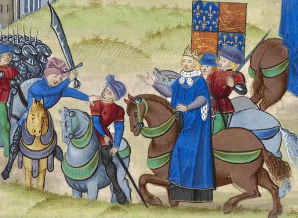 Tyler's death (left to right: Sir William Walworth, Mayor of London (wielding sword); Wat Tyler; King Richard II; and Sir John Cavendish, esquire to the king (bearing decorated sword). By User Bkwillwm on en.wikipedia - Originally from en.wikipedia; description page is (was) here, Public Domain, https://commons.wikimedia.org/w/index.php?curid=722439