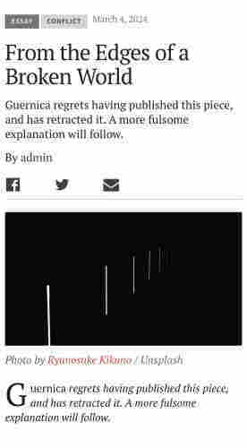 Screenshot of a webpage with a title "From the Edges of a Broken World," a retraction notice for an article, and a black image with vertical white lines of varying lengths at the bottom, credited to Ryunosuke Kikuno 