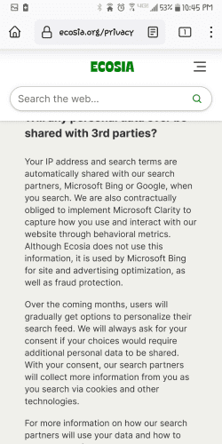 Faq from Ecosia site on handling of user data