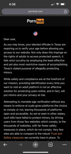 Screenshot of accessing pornhub.com from Texas. Pornhub has a long statement about how they are blocking access to their site due to the states age verification laws for accessing websites with adult content. 