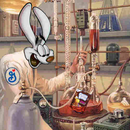 A lab-coated scientist in a chem lab filled with retorts, glassware, etc. The image has been modified. The scientist's head has been replaced with the head of the Trix rabbit, and his labcoat now has a General Mills logo patch stitched onto the shoulder. The contents of his main beaker have been replaced with a floating Cocoa Puffs logo.