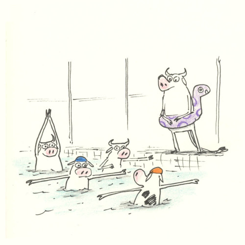 A cartoon illustration of cows attending an aquatic class in the public pool.