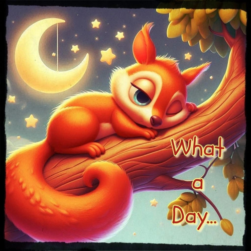 Picture a Squirrel in a tree , laying on a branch with one eye open as if falling asleep.
The Caption reads:  “What a day”
AI creation bullied by @PixysJourney@beige.party